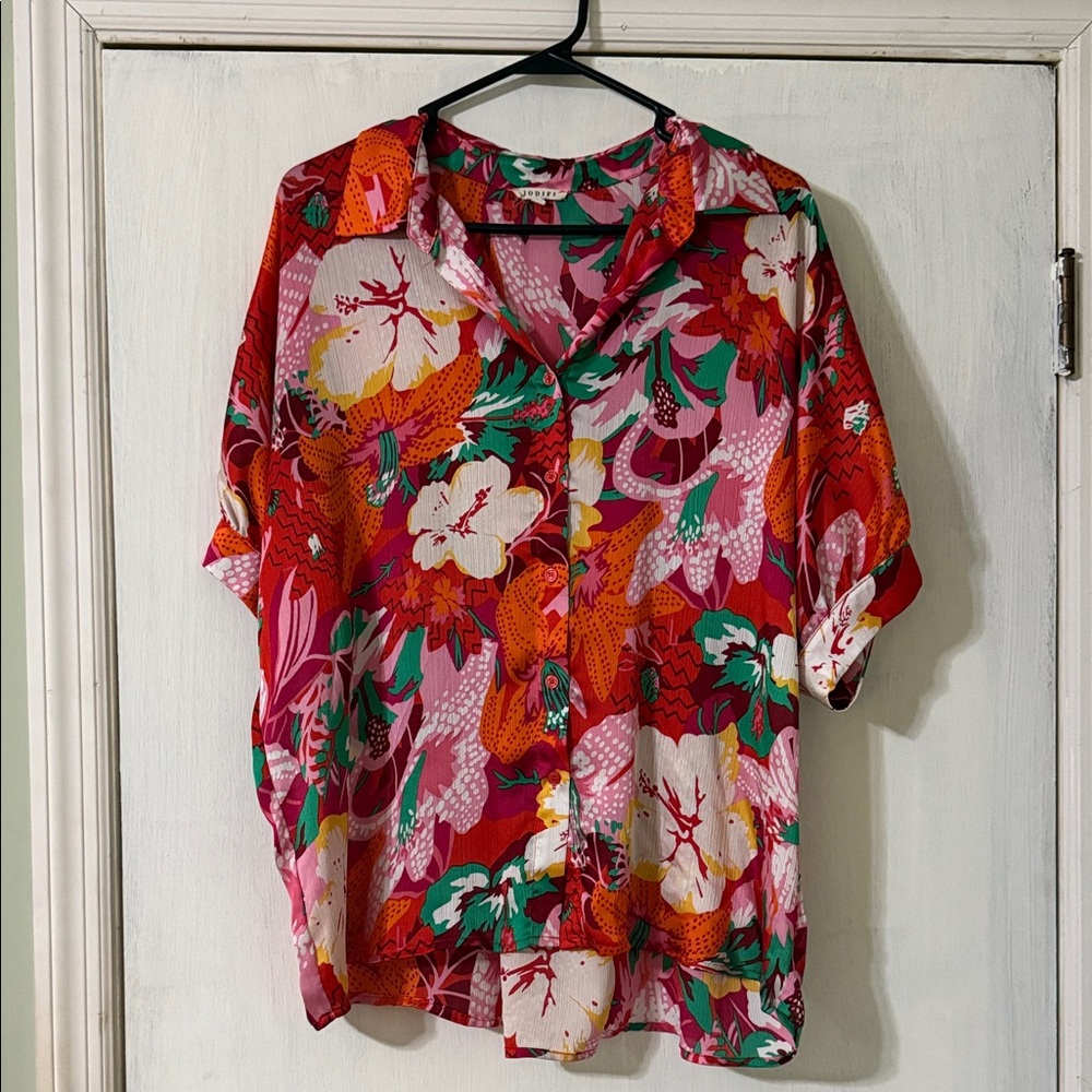 JODIFL Floral Print Blouse - Red, Orange, Green